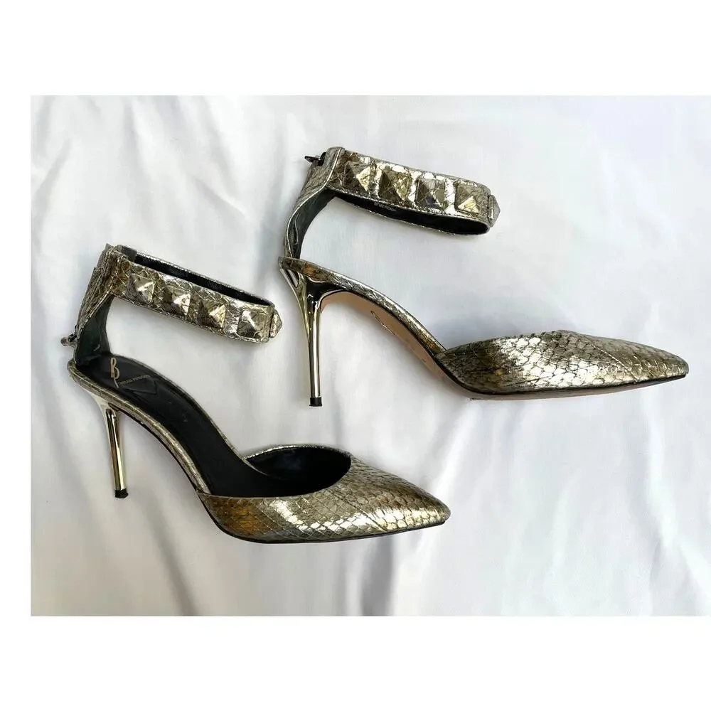 Brian Atwood Mercada Metallic Silver Leather Snake Stud Ankle Strap Heels, 6.5